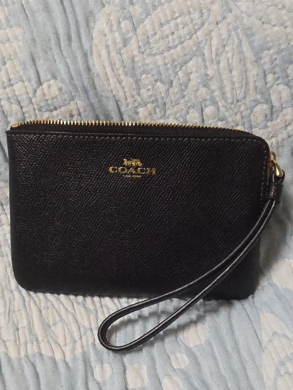 Coach Black Leather Zip Wristlet with Gold Logo